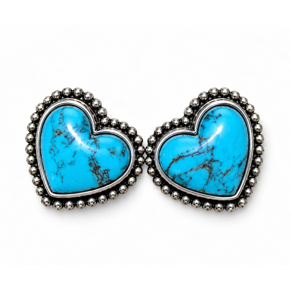 Western Heart Stud Earrings Turquoise Howlite Stone Silver Cowgirl Statement 1"